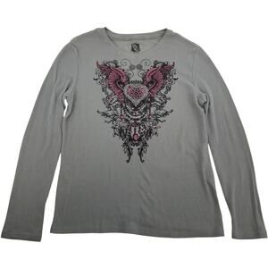 VTG y2k Women's FRZ Heart Angel Wings Thermal Waffle Knit Long Sleeve Shirt XXL